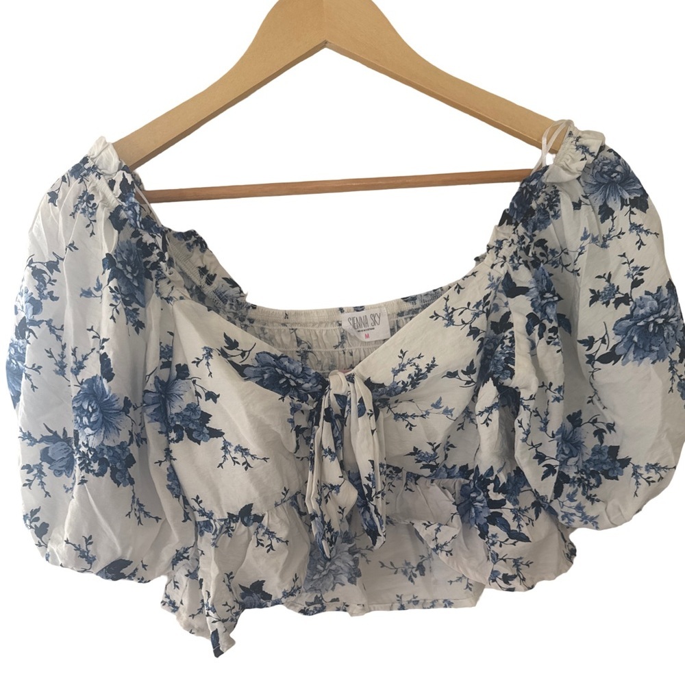 Sienna Sky Blue and White Floral Cropped Blouse - Size M